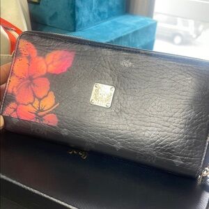 MCM Black and Pink Wallet with Floral Design